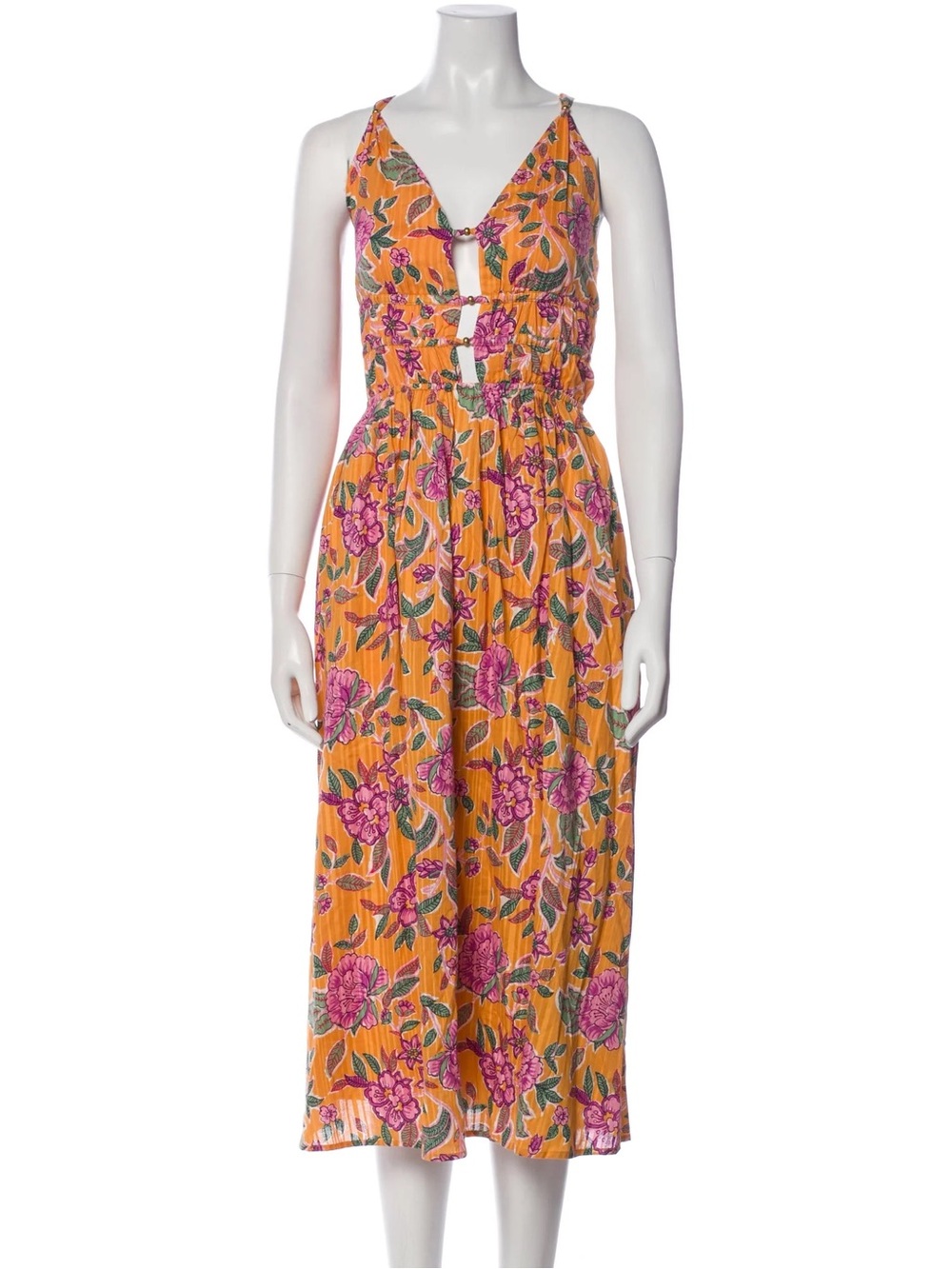 Caroline Constas Mustard Yellow Floral Midi Dress with Pink Blooms - Picture 2 of 6